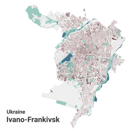 Illustration for Ivano-Frankivsk map, city in Ukraine. Municipal administrative area map with buildings, rivers and roads, parks and railways. Vector illustration. - Royalty Free Image