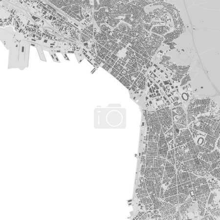 Téléchargez les illustrations : Carte de Thessalonique détaillée en noir et blanc avec bâtiments - en licence libre de droit
