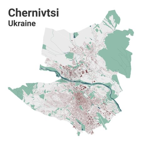 Chernivtsi mapa, ciudad en Ucrania. Mapa del área administrativa municipal con edificios, ríos y carreteras, parques y ferrocarriles. Ilustración vectorial.