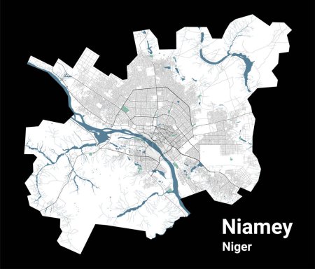 Téléchargez les illustrations : Plan de Niamey, capitale du Niger. Carte des zones administratives municipales avec rivières et routes, parcs et chemins de fer. Illustration vectorielle. - en licence libre de droit