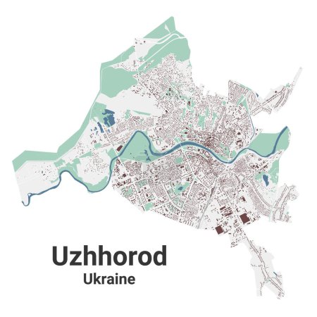 Ilustración de Uzhhorod mapa, ciudad en Ucrania. Mapa del área administrativa municipal con edificios, ríos y carreteras, parques y ferrocarriles. Ilustración vectorial. - Imagen libre de derechos
