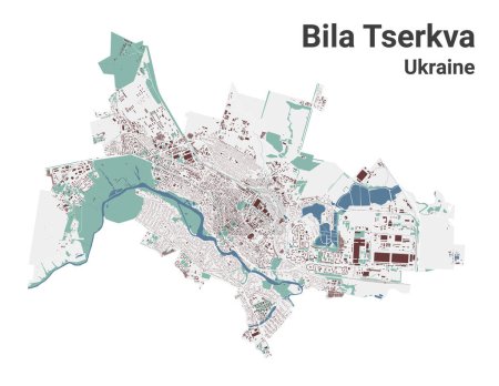 Ilustración de Bila Tserkva mapa, ciudad en Ucrania. Mapa del área administrativa municipal con edificios, ríos y carreteras, parques y ferrocarriles. Ilustración vectorial. - Imagen libre de derechos