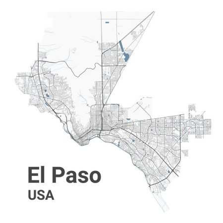 Téléchargez les illustrations : Plan d'El Paso, ville américaine. Carte des zones administratives municipales avec rivières et routes, parcs et chemins de fer. Illustration vectorielle. - en licence libre de droit