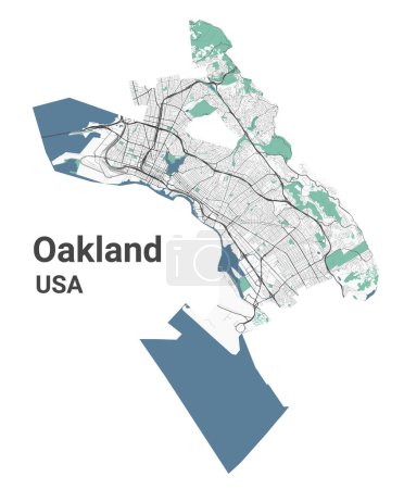 Illustration for Oakland map, American city. Municipal administrative area map with rivers and roads, parks and railways. Vector illustration. - Royalty Free Image