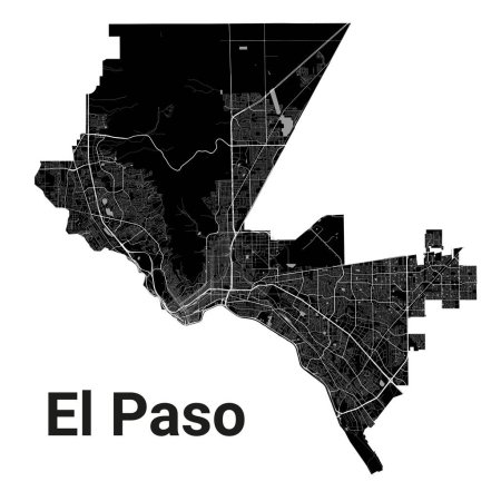 Téléchargez les illustrations : Carte de la ville de El Paso, États-Unis. Frontières administratives municipales, carte en noir et blanc avec rivières et routes, parcs et chemins de fer. Illustration vectorielle. - en licence libre de droit