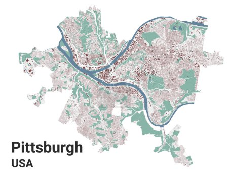 Téléchargez les illustrations : Carte de Pittsburgh, États-Unis, Pennsylvanie. Carte des zones administratives municipales avec bâtiments, rivières et routes, parcs et chemins de fer. Illustration vectorielle. - en licence libre de droit