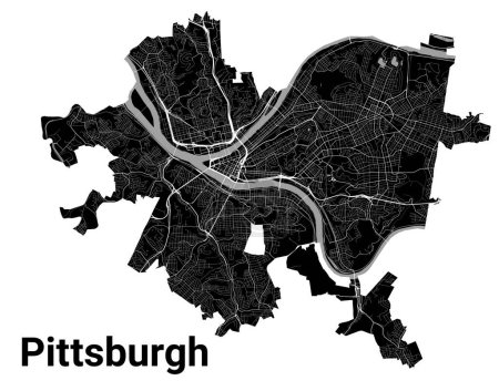 Téléchargez les illustrations : Carte de Pittsburgh, Pennsylvanie, États-Unis. Frontières administratives municipales, carte en noir et blanc avec rivières et routes, parcs et chemins de fer. Illustration vectorielle. - en licence libre de droit