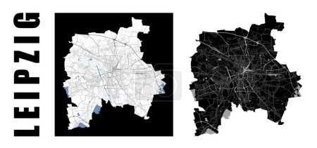 Leipzig map. Germany city within administrative municipal borders. Set of black and white vector maps. Streets and White Elster river, high resolution.