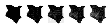 Set of state maps of Kenya with regions and municipalities division. Department borders, isolated vector maps on white background.