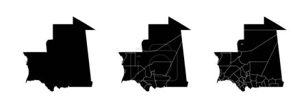Téléchargez les illustrations : Série de cartes d'état de la Mauritanie avec divisions régionales et municipales. Frontières du département, cartes vectorielles isolées sur fond blanc. - en licence libre de droit