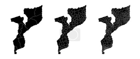 Téléchargez les illustrations : Série de cartes d'état du Mozambique avec les régions et les municipalités de division. Frontières du département, cartes vectorielles isolées sur fond blanc. - en licence libre de droit