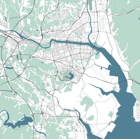 Illustration for Map of Ulsan, South Korea. Detailed city vector map, metropolitan area. Streetmap with roads and water. - Royalty Free Image