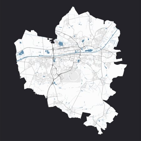 Téléchargez les illustrations : Carte de Wolfsburg, Allemagne. Carte détaillée des vecteurs de la ville, zone métropolitaine avec frontière. Carte de rue avec routes et eau. - en licence libre de droit
