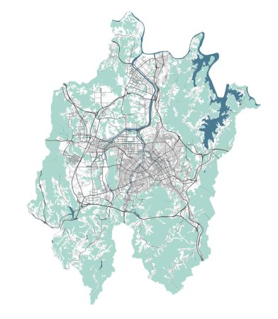 Map of Daejeon, South Korea. Detailed city vector map, metropolitan area with border. Streetmap with roads and water.