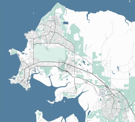 Map of Darwin, Australia. Detailed city vector map, metropolitan area. Streetmap with roads and water.