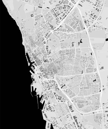 Téléchargez les illustrations : Carte d'Helsingborg, Suède. Carte de ville en niveaux de gris, carte de rue vectorielle avec routes et rivières. - en licence libre de droit
