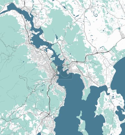Map of Hobart, Australia. Detailed city vector map, metropolitan area. Streetmap with roads and water.