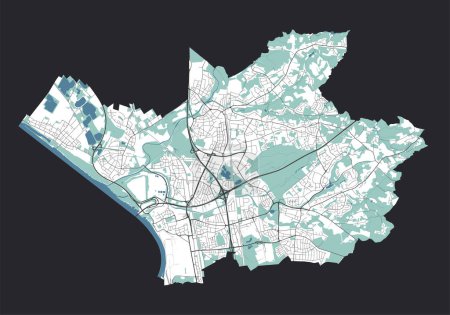 Téléchargez les illustrations : Carte de Leverkusen, Allemagne. Carte détaillée des vecteurs de la ville, zone métropolitaine avec frontière. Carte de rue avec routes et eau. - en licence libre de droit