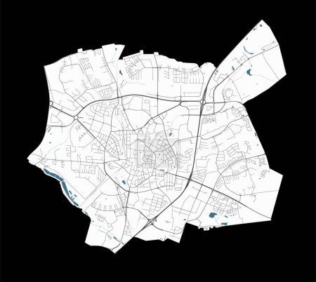 Map of Lund, Sweden. Detailed city vector map, metropolitan area with border. Streetmap with roads and water.