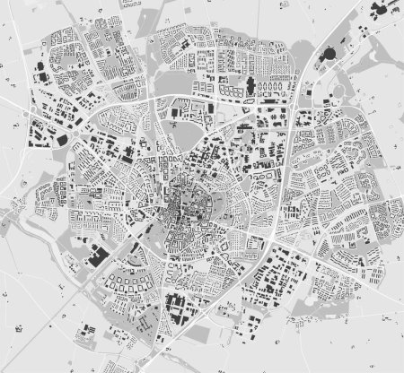 Lund map, Sweden. Grayscale color city map, vector streetmap with roads and rivers.