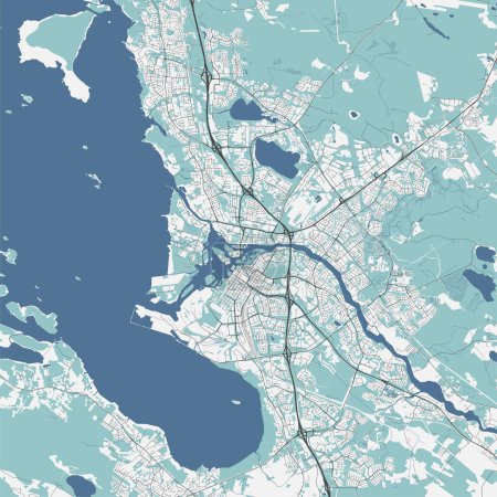 Map of Oulu, Finland. Detailed city vector map, metropolitan area. Streetmap with roads and water.