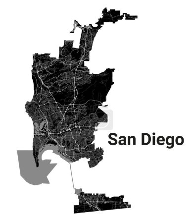 San Diego Stadtplan, Vereinigte Staaten. Stadtgrenzen, Schwarz-Weiß-Karte mit Flüssen und Straßen, Parks und Eisenbahnen. Vektorillustration.