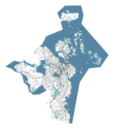 Map of Stavanger, Norway. Detailed city vector map, metropolitan area with border. Streetmap with roads and water.