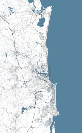 Illustration for Map of Sunshine Coast, Australia. Detailed city vector map, metropolitan area. Streetmap with roads and water. - Royalty Free Image