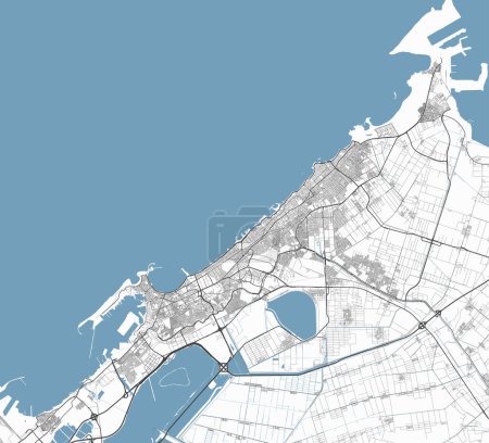 Map of Alexandria, Egypt. Detailed city vector map, metropolitan area. Streetmap with roads and water.