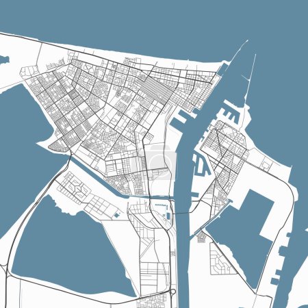 Carte de Port-Saïd, Égypte. Carte détaillée des vecteurs de la ville, région métropolitaine. Carte de rue avec routes et eau.