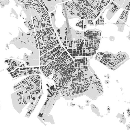 Illustration for Helsinki map, Finland. Grayscale color city map, vector streetmap with roads and gulfs. - Royalty Free Image