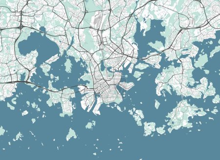 Map of Helsinki, Finland. Detailed city vector map, metropolitan area. Streetmap with roads and water.