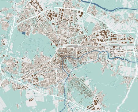 Karte von Ljubljana, Slowenien. Detaillierter Stadtvektorplan, Stadtgebiet mit Gebäuden. Straßenkarte mit Straßen und Wasser.