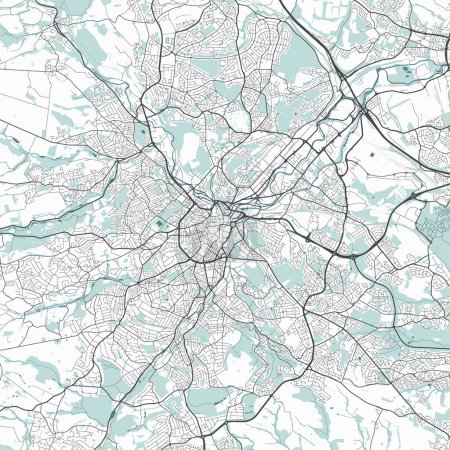Map of Sheffield, England. Detailed city vector map, metropolitan area. Streetmap with roads and water.