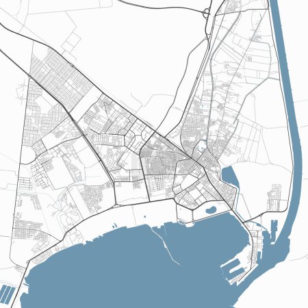 Map of Suez, Egypt. Detailed city vector map, metropolitan area. Streetmap with roads and water.