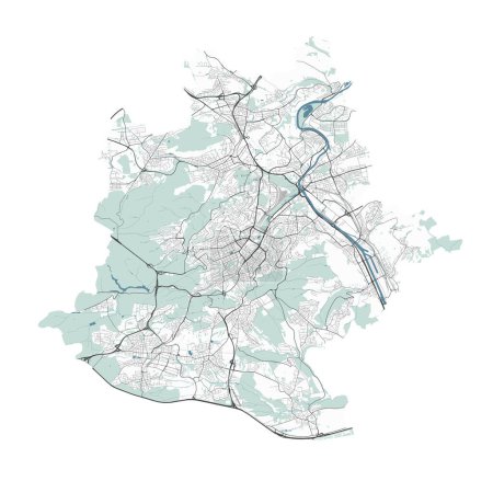 Karte von Stuttgart, Deutschland. Detaillierter Stadtvektorplan, Metropolregion mit Grenze. Straßenkarte mit Straßen und Wasser.