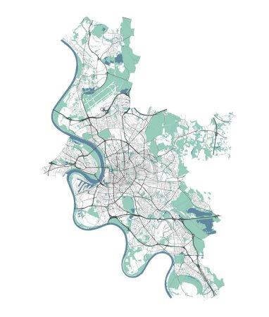 Téléchargez les illustrations : Carte de Düsseldorf, Allemagne. Carte détaillée des vecteurs de la ville, zone métropolitaine avec frontière. Carte de rue avec routes et eau. - en licence libre de droit