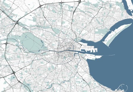 Téléchargez les illustrations : Carte de Dublin, Irlande. Carte détaillée des vecteurs de la ville, région métropolitaine. Carte de rue avec routes et eau. - en licence libre de droit