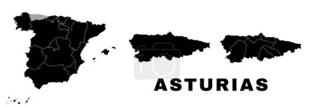 Asturias mapa, comunidad autónoma en España. División administrativa española, regiones, municipios y municipios.