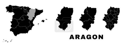 Aragón mapa, comunidad autónoma en España. División administrativa española, regiones, municipios y municipios.
