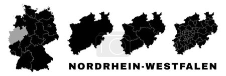 Mapa Renania del Norte-Westfalia, estado alemán. Alemania división administrativa, regiones y municipios, amt y municipios.