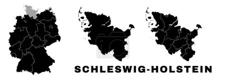 Mapa de Schleswig-Holstein, estado alemán. Alemania regiones administrativas y municipios, amt, municipios.