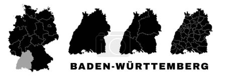 Baden-Wurttemberg map, German state. Germany administrative division, regions and boroughs, amt and municipalities.