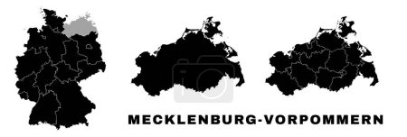 Mecklemburgo-Vorpommern mapa, estado alemán. Alemania división administrativa, regiones y municipios, amt y municipios.