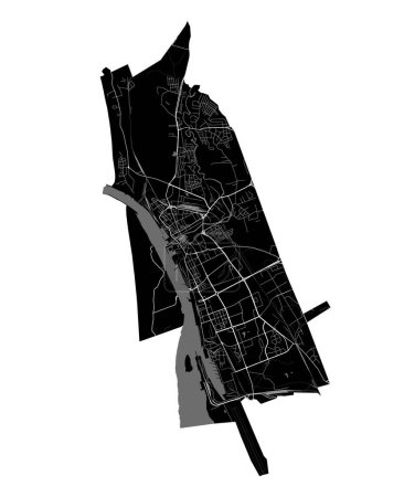 Mapa de Klaipeda, Lituania. Mapa vectorial detallado de la ciudad, área metropolitana con frontera. Mapa de calles en blanco y negro con carreteras y agua.