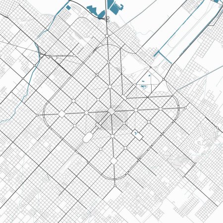 Detaillierte Karte von La Plata, Argentinien. Stadtplan mit Flüssen und Straßen, Parks und Eisenbahnen. Vektorillustration.