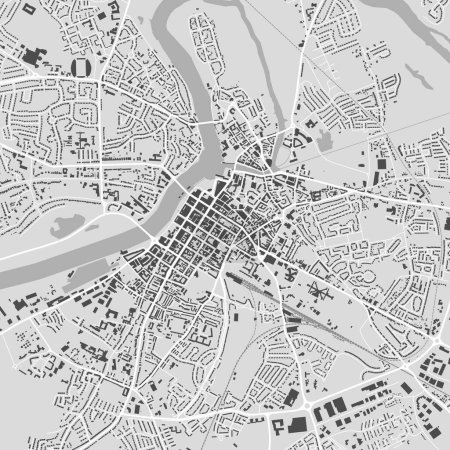 Limerick mapa, Irlanda. Mapa de la ciudad a escala de grises, mapa de calles vectorial con edificios, carreteras y ríos.