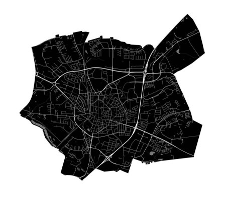 Map of Lund, Sweden. Detailed city vector map, metropolitan area with border. Black and white streetmap with roads and water.