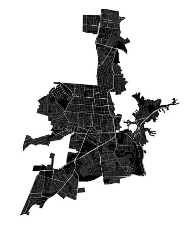 Stadtplan von Salta, Argentinien. Stadtgrenzen, Schwarz-Weiß-Karte mit Flüssen und Straßen, Parks und Eisenbahnen. Vektorillustration.