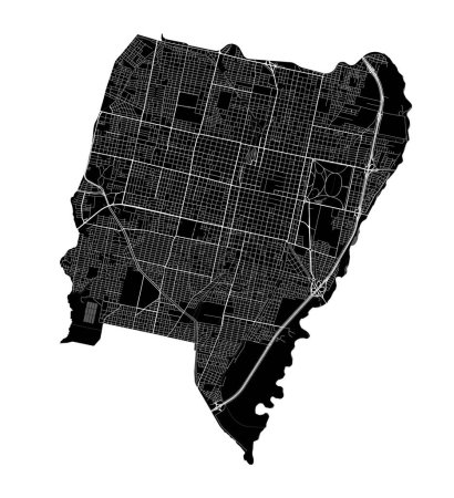Mapa de San Miguel de Tucumán, Argentina. Fronteras administrativas municipales, mapa en blanco y negro con ríos y carreteras, parques y ferrocarriles. Ilustración vectorial.